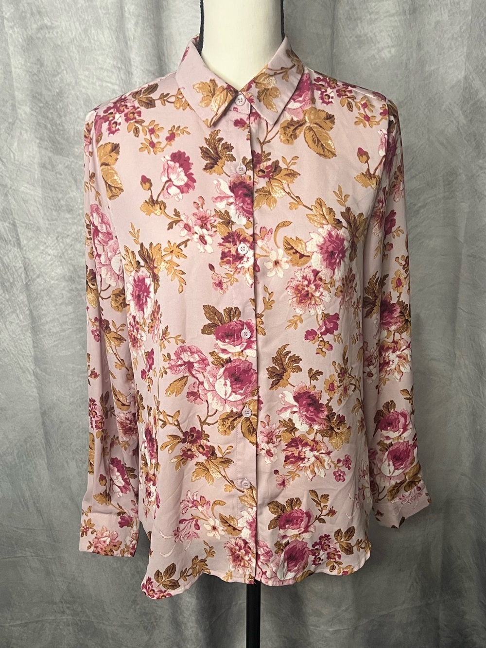 T Tahari Floral Button-Up Blouse in Pink, Raspberry and Tan - MED
